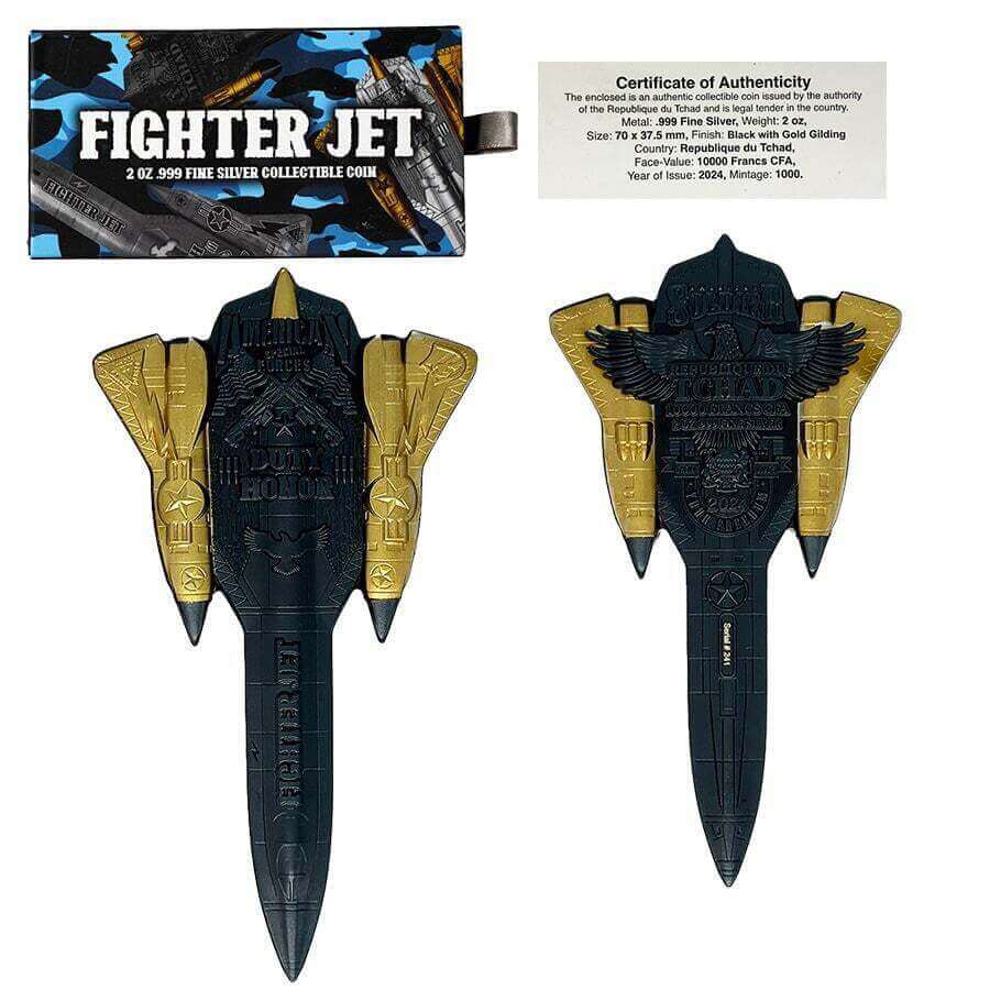 2024 Chad 2 oz Silver Fighter Jet Black & Gold Shaped Coin .999 Fine