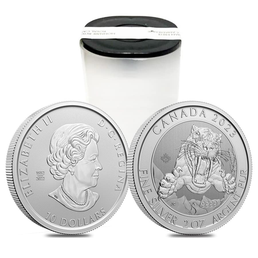 Roll of 14 - 2023 Canada 2 oz Smilodon Sabre-Tooth Cat Silver Coin BU