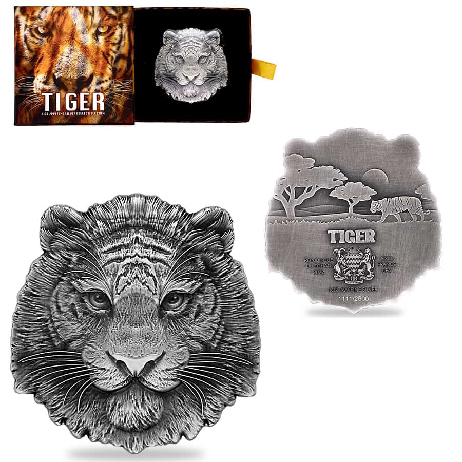 2022 Chad 1 oz Silver Tiger Shaped High Relief Coin .999 Fine (w/Box)