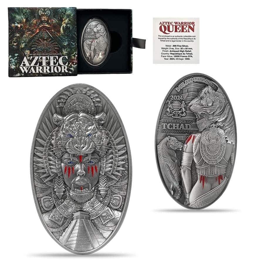 2024 Chad 2 oz Silver Aztec Warrior Queen High Relief Coin .999 Fine