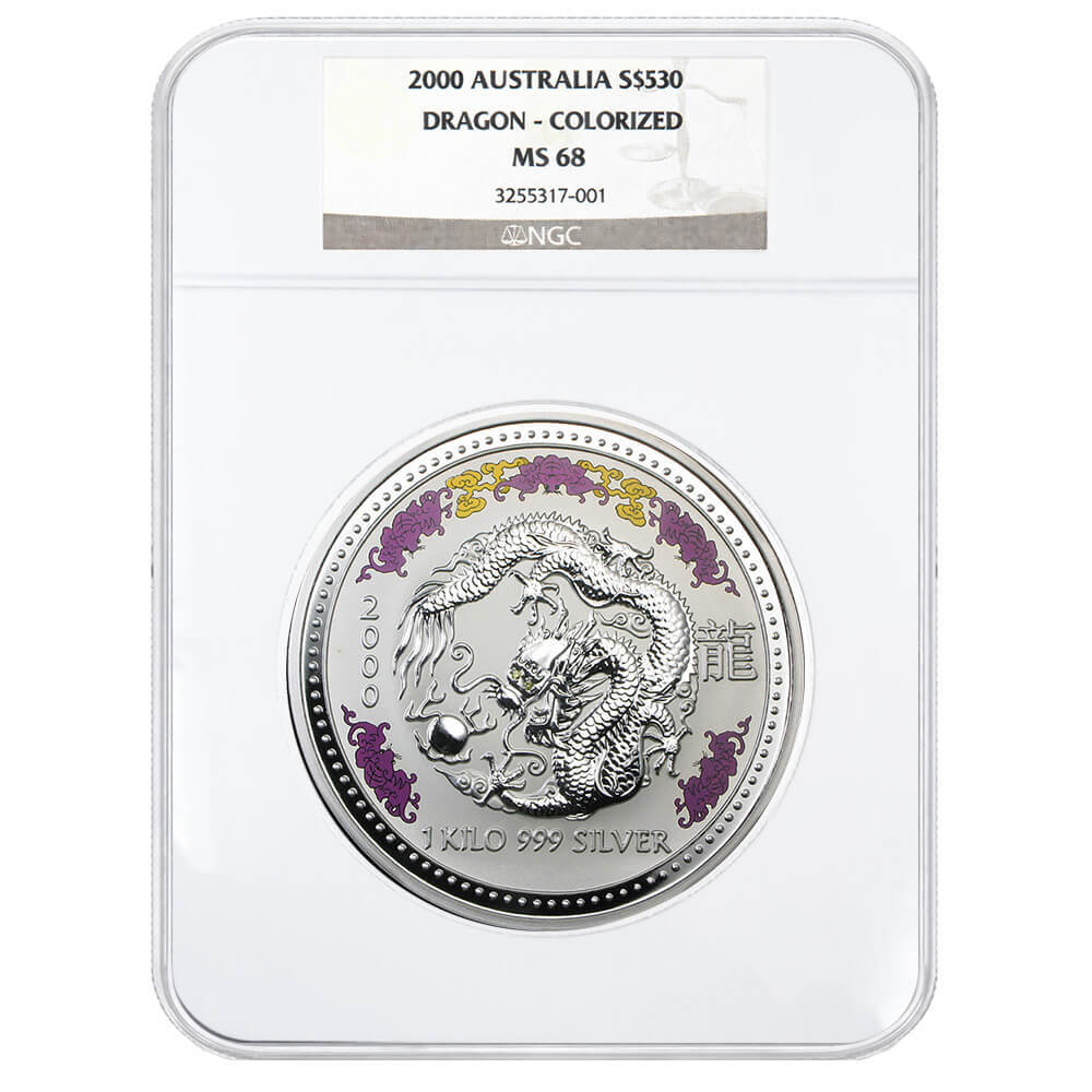 2000 1 Kilo Colorized Silver Lunar Dragon Diamond Gemstone Australian Perth Mint NGC MS 68
