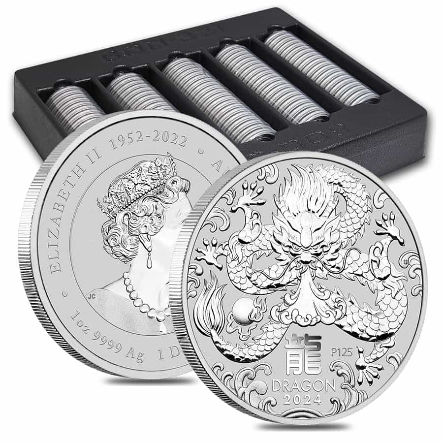 Box of 100 - 2024 1 oz Silver Lunar Dragon BU Australian Perth Mint