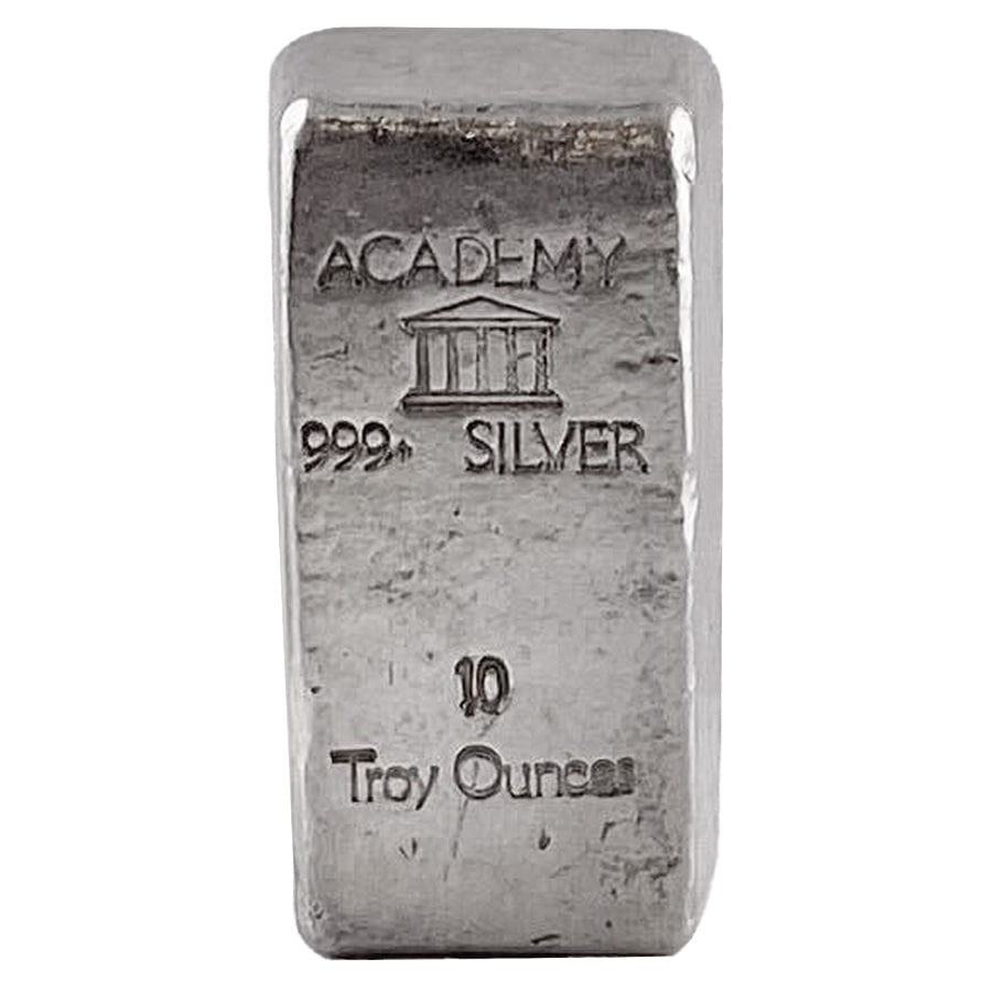 10 oz Academy Vintage Silver Bar Poured .999+ Fine