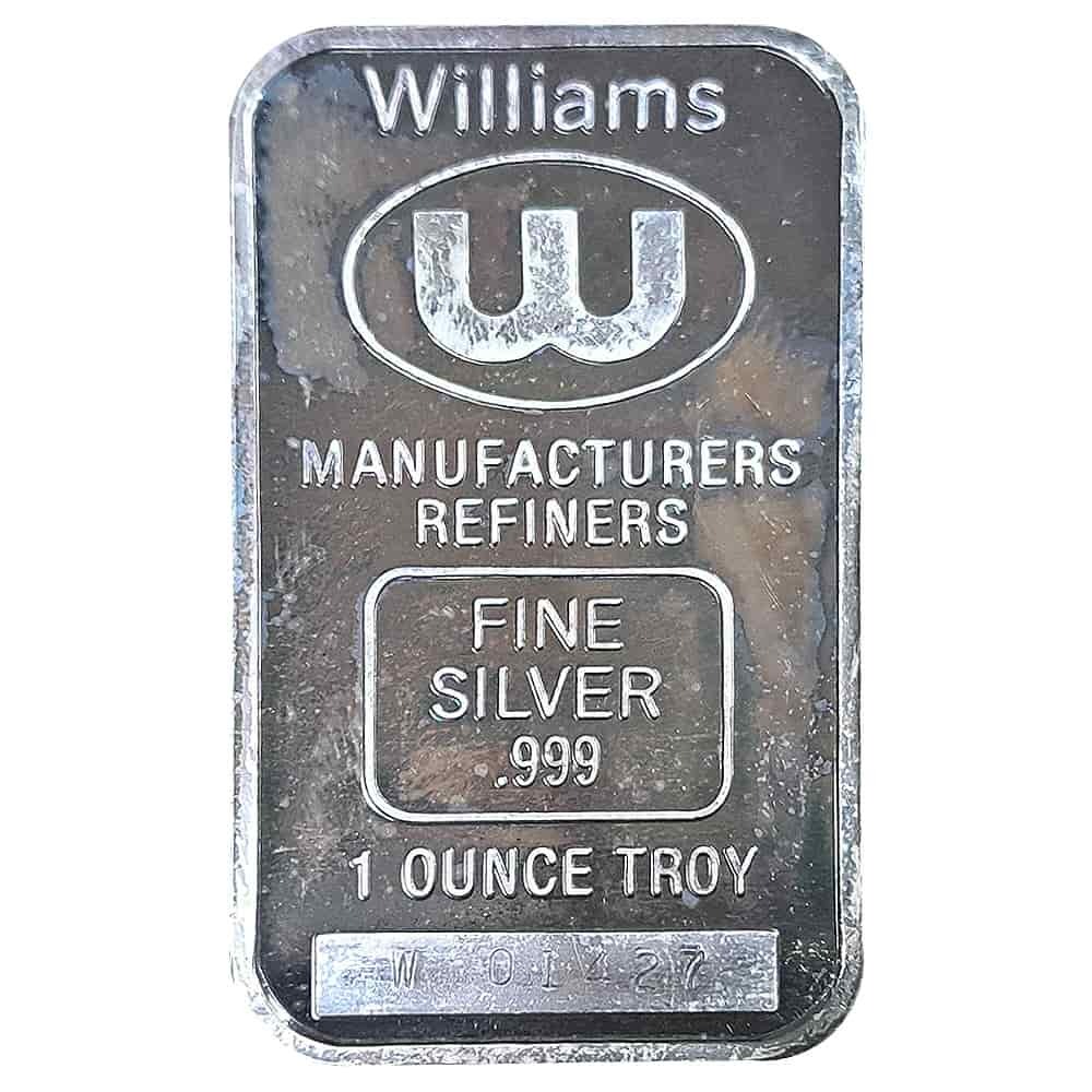 1 oz Williams Manufacturers Refiners Silver Bar .999 Fine