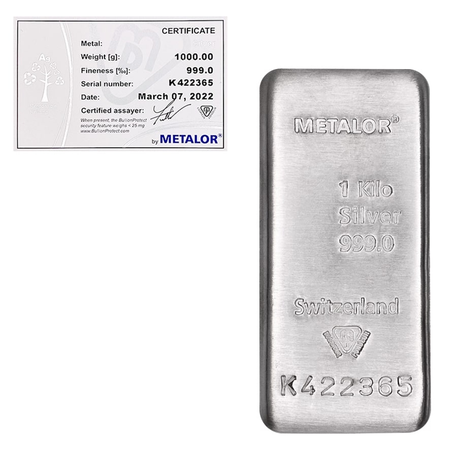 1 Kilo Switzerland Metalor Silver Bar .999 Fine (w/ Assay)
