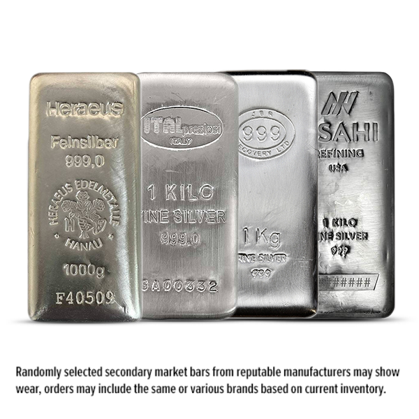 1 Kilo (32.15 Oz) Silver Bar - Random Design (.999+ Fine)