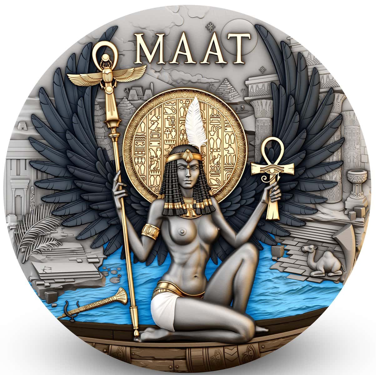 2026 Cameroon Echoes of Egypt Maat 2 oz Silver Antiqued High Relief Gilded Coin