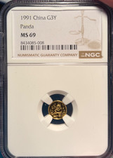 China 1991 Gold Panda 1 Gram .999 Fine 3 Yuan NGC MS69