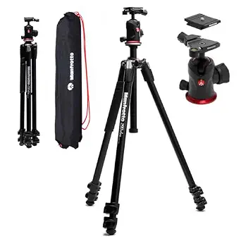 Manfrotto 290XTRA Aluminum Camera Tripod with 496 Ball Head, 3 Segments, 4 Angles, Quick Releases, Arca-Swiss Compatible, 10 kg Load Capacity, Carry Case, for DSLR & Mirrorless Cameras