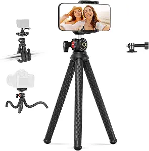 NEEWER Flexible Phone Tripod, Small Mini Camera Webcam Desk Stand, Phone Holder & Action Camera Mount Adapter Compatible with iPhone GoPro DJI Pocket 4 3 Xtra Muse Insta360 for Video Recording, TP34