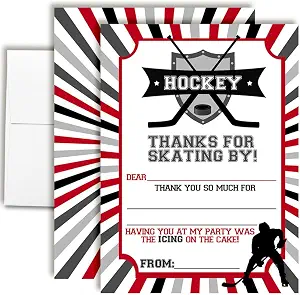 Amanda Creation Hockey Thank You Cards, 10 Pack 4x5.5 Hockey Theme Thank You Cards with Envelopes, Red Black Kids Birthday Notes