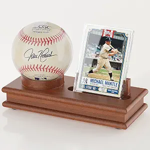 Baseball Display Case, Walnut Wood Base with Clear Acrylic Sphere Cover & Card Protector, Stable Tabletop Showcase for Autographed Baseball and Collectible Card, UV Protected Dustproof Display Holder