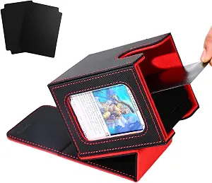 Venssu MTG Deck Box for Commander Display,Card Deck Box Fits 100 Double Sleeved Cards, TCG Card Storage Box with 2 Dividers and 1 Toploader (Black&Red)