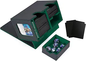 Venssu MTG Deck Box for Commander Display with dice tray,Card Deck Box Fits 160 Double Sleeved /200 Single Sleeved trading Cards, Deck Box TCG with 2 Dividers and 1 magnetic card holder (Black&Green)