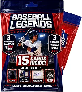 Baseball Card Legends Pack – 15 Cards Inside | 3 Guaranteed Stars or Hall of Famers + 3 Vintage Cards | Possible Rookies, Autographs, Jersey Patch & Insert Cards for Collectors