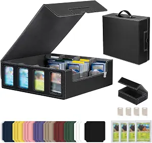 Trading Card Storage Box with Commander Display, 4-Row Deck Case with Removable Lid & Handle, 3000+ Card Organizer with 24 Colorful Dividers & 4 Stoppers for MTG, Black & Grey