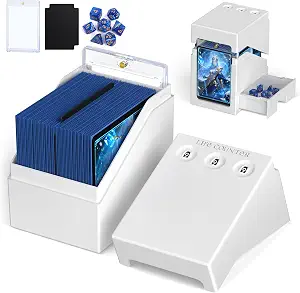 Proijeut Mtg Deck Box with Life Counter, Commander Deck Box Fits 100 Double-Sleeved Cards, Magic Card Storage Box with Commander Display & Dice Tray, Fit for MTG, TCG, CCG (White)