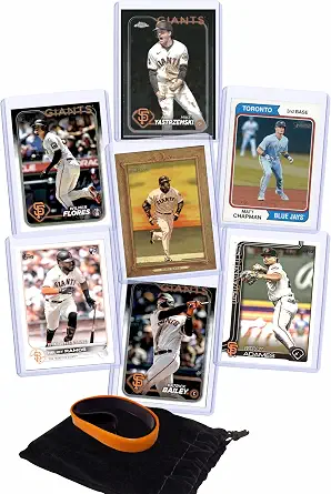 San Francisco Giants Cards: Mike Yastrzemski, Matt Chapman , Heliot Ramos, Barry Bonds, Willy Adames, Patrick Bailey, and Wilmer Flores ASSORTED SF Baseball Stars and GOATs Trading Card and Wristbands Gift Pack