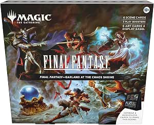 Magic: The Gathering - Final Fantasy Scene Box - Garland at The Chaos Shrine | 6 Foil Borderless Scene Cards, 6 Art Cards, 3 Play Boosters + 1 Display Easel