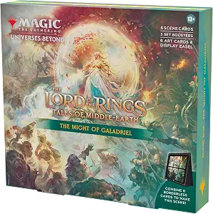 Magic: The Gathering The Lord of The Rings: Tales of Middle-Earth Scene Box - The Might of Galadriel (6 Scene Cards, 6 Art Cards, 3 Set Boosters + Display Easel)