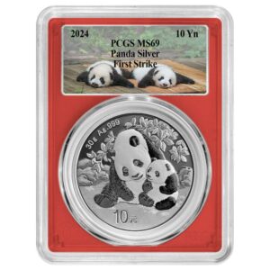 2024 China 30-gm Silver Panda PCGS MS69 First Strikes w/Red Core & Panda Label