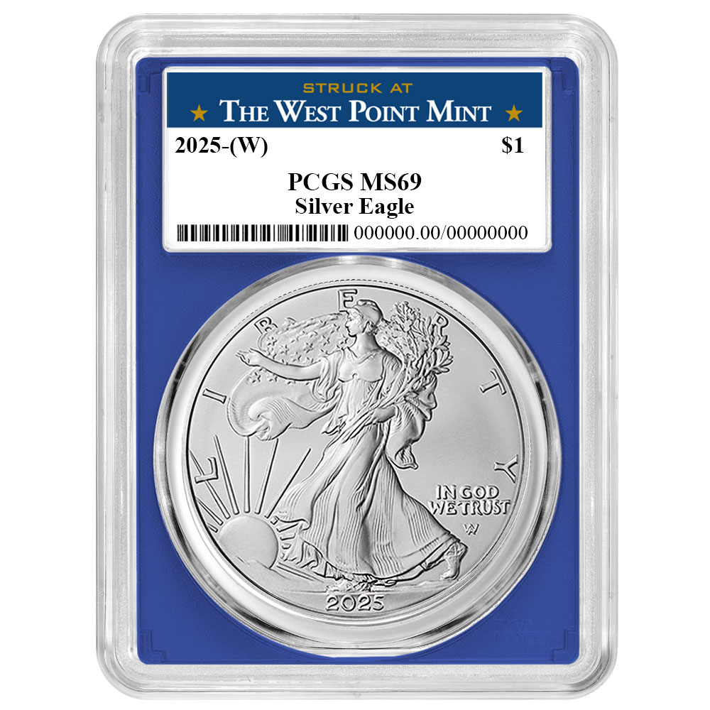 2025 (W) $1 American Silver Eagle PCGS MS69 West Point Label Blue Frame