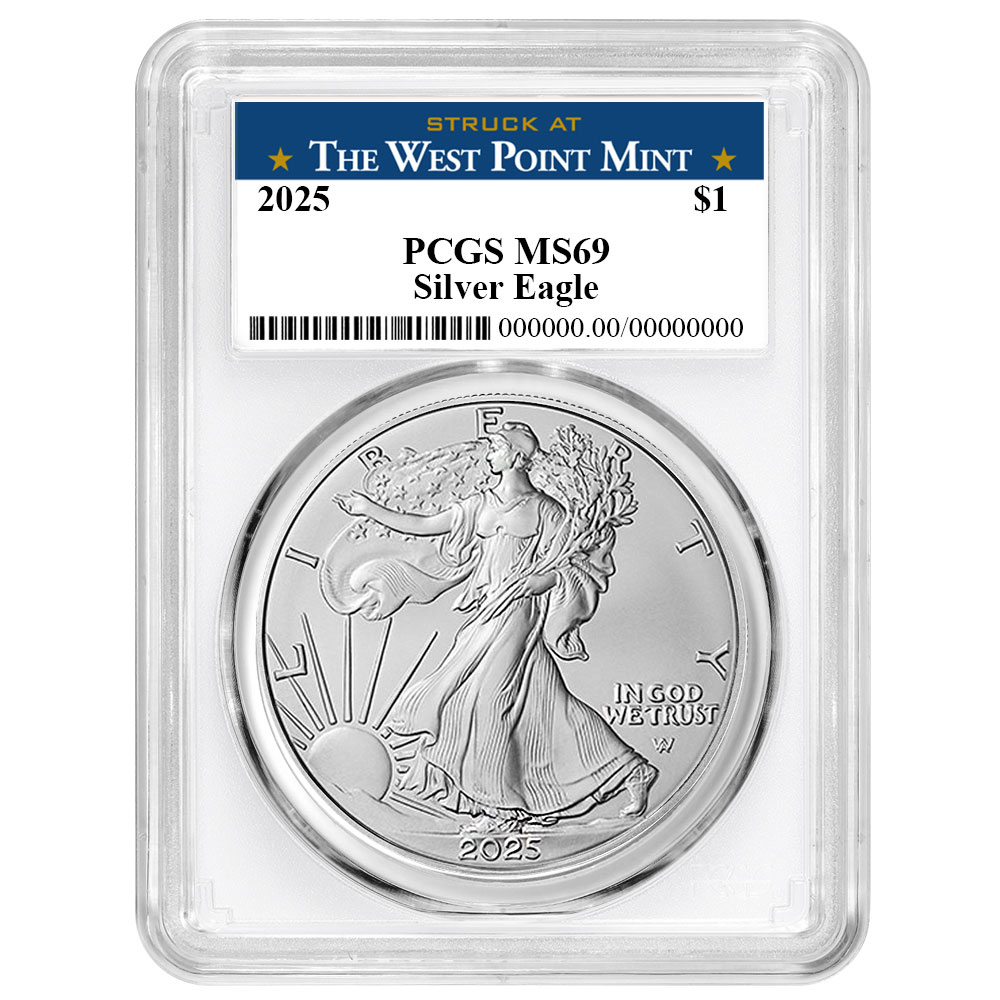 2025 $1 American Silver Eagle PCGS MS69 West Point Label White Frame