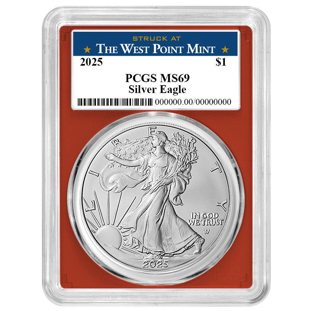 2025 $1 American Silver Eagle PCGS MS69 West Point Label Red Frame