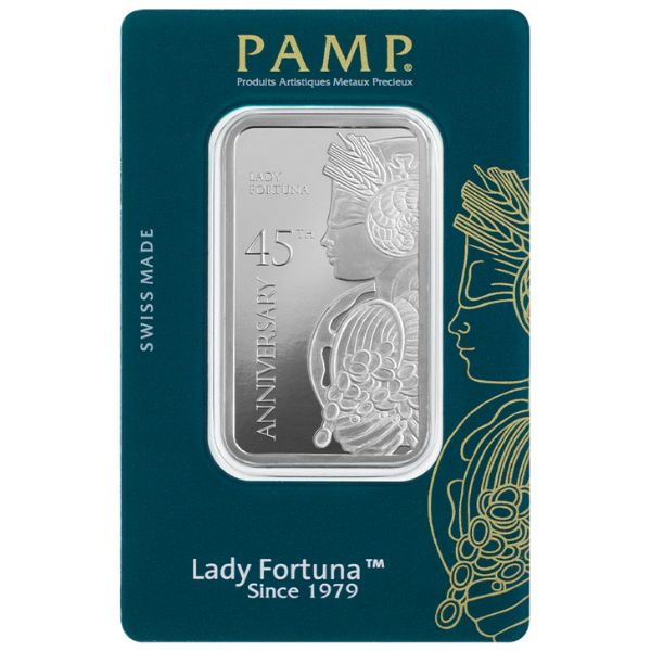 PAMP Fortune 45th Anniversary 1 oz Silver Bar (New in Assay)