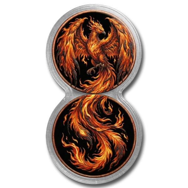 Fiery Phoenix 2 x 1 oz Colorized Copper Rounds (New in Infinity Capsule)